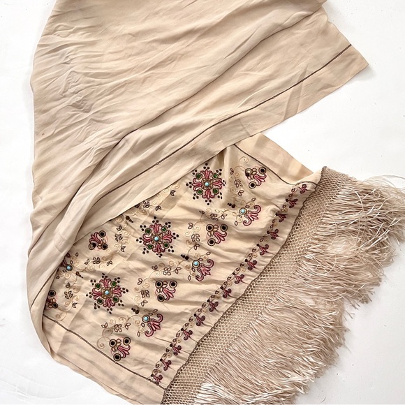 Vintage Silk Embroidered Beaded Scarf Shawl Stole Wrap Fringe Beige Soft 104x26” - Picture 1 of 16